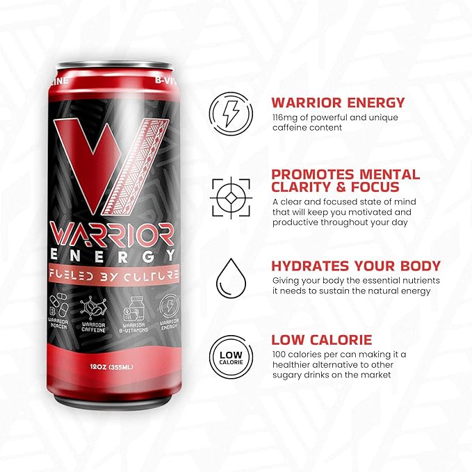 Warrior Energy Drink Regular Sugar - Fuel Your Day with our Low-Calorie High-Energy Boost Packed with B-Vitamins Balanced Caffeine &amp Unique Taste - 12oz 12-pack