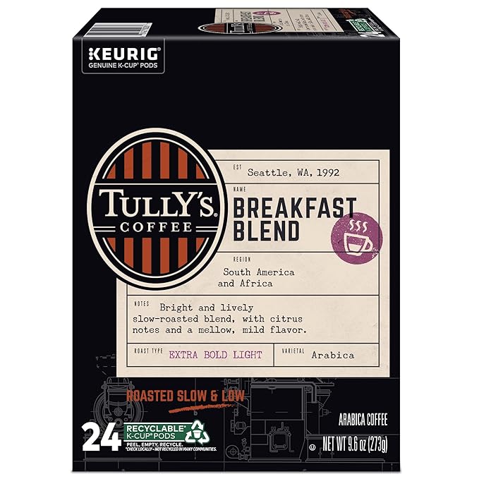 Tully's Coffee Breakfast Blend Keurig Single-Serve K-Cup Pods Light Roast Coffee 96 Count