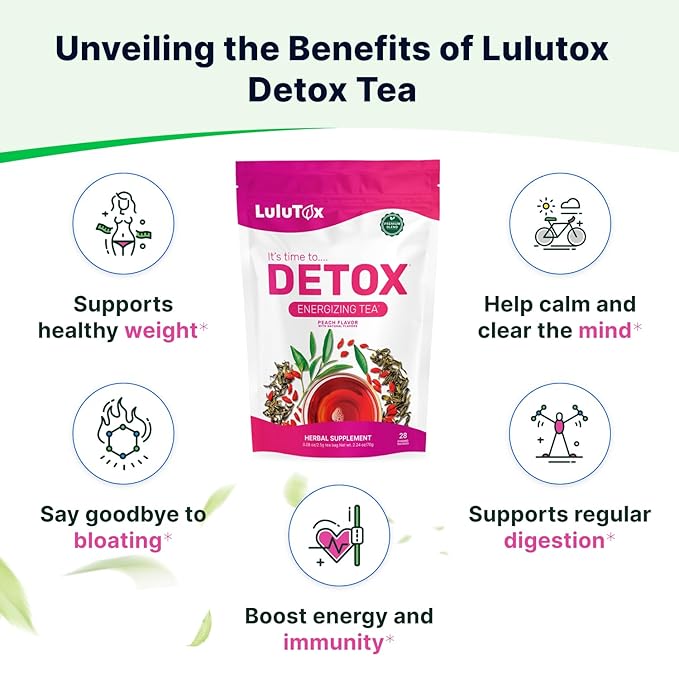 LULUTOX Detox Tea - Slimming Tea with Dandelion and Ginseng to Support Goals for Detox Cleanse Flat Belly Bloating Healthy Weight and Digestive Health - Women &amp Men - Peach Flavor (28 Servings)