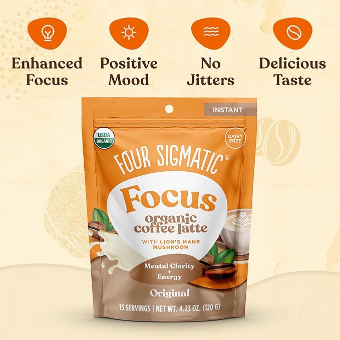 Four Sigmatic Original Focus Mushroom Coffee Latte | Plant-Based Organic Instant Latte with Lion’s Mane Mushroom for Focus and Mental Clarity | Made With Just 5 Organic Ingredients | 4.23 oz Bag