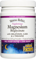 Natural Factors Stress-Relax Nighttime Magnesium Bisglycinate - Supports Sleep &amp Relaxation* - with Melatonin L-Theanine &amp GABA - Tropical Flavor - 4.23 oz