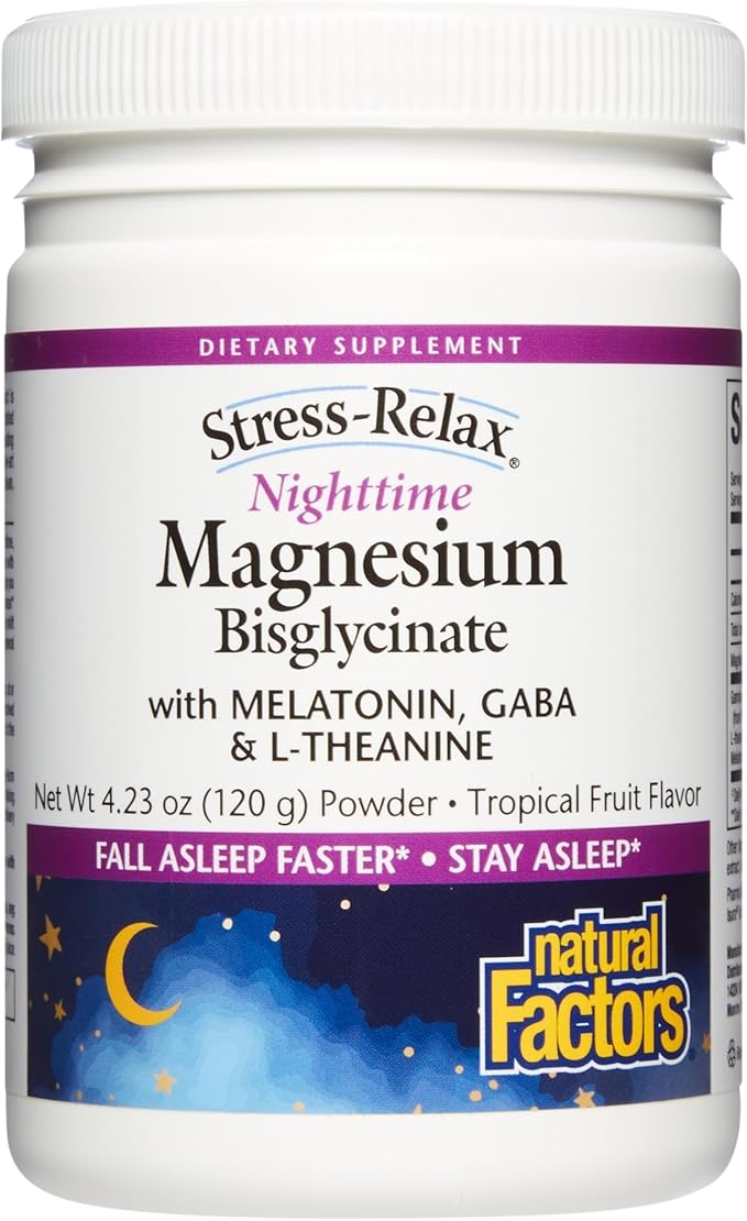 Natural Factors Stress-Relax Nighttime Magnesium Bisglycinate - Supports Sleep &amp Relaxation* - with Melatonin L-Theanine &amp GABA - Tropical Flavor - 4.23 oz