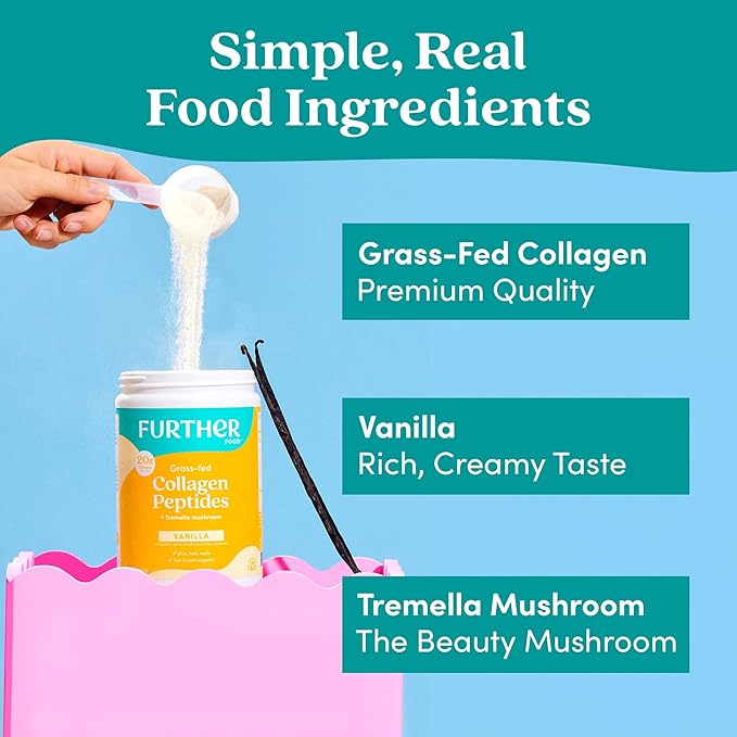 Further Food Vanilla Collagen Peptides Powder with Tremella Mushroom – 100% Grass-Fed Hydrolyzed Type 1 &amp 3 20g of Collagen per Serving Supports Skin Hair Nails &amp Joints 10.37 Oz