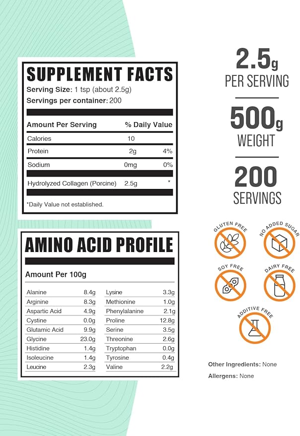 BulkSupplements.com Porcine Collagen Powder - Hydrolyzed Collagen Supplement for Hair Skin &amp Nails - Unflavored &amp Gluten Free 2.5g per Serving 500g (1.1 lbs) (Pack of 1)