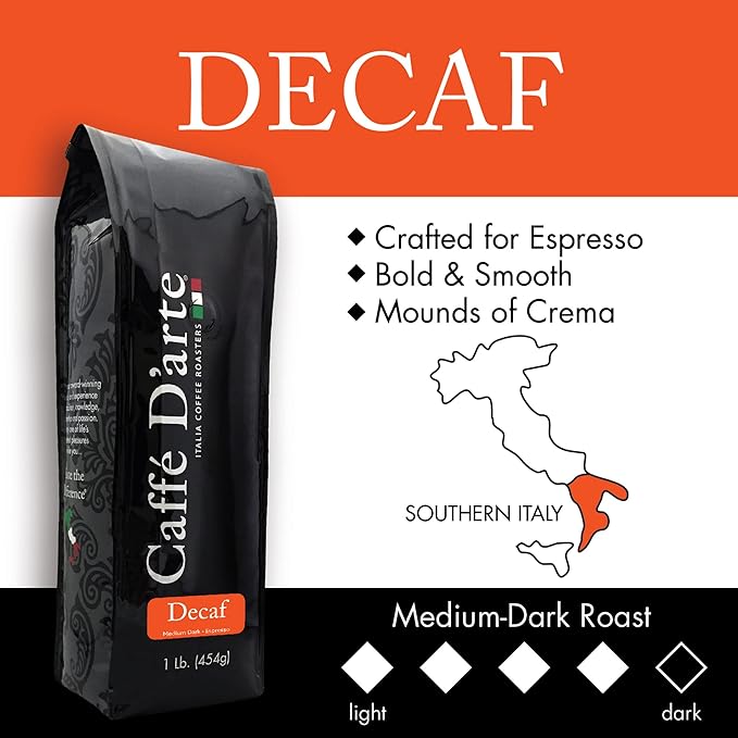 Caffe D’arte Decaf Ground Espresso – Medium‑Dark Roast Smooth &amp Balanced Flavor Roasted in Seattle Crafted for Espresso Machines 1 lb