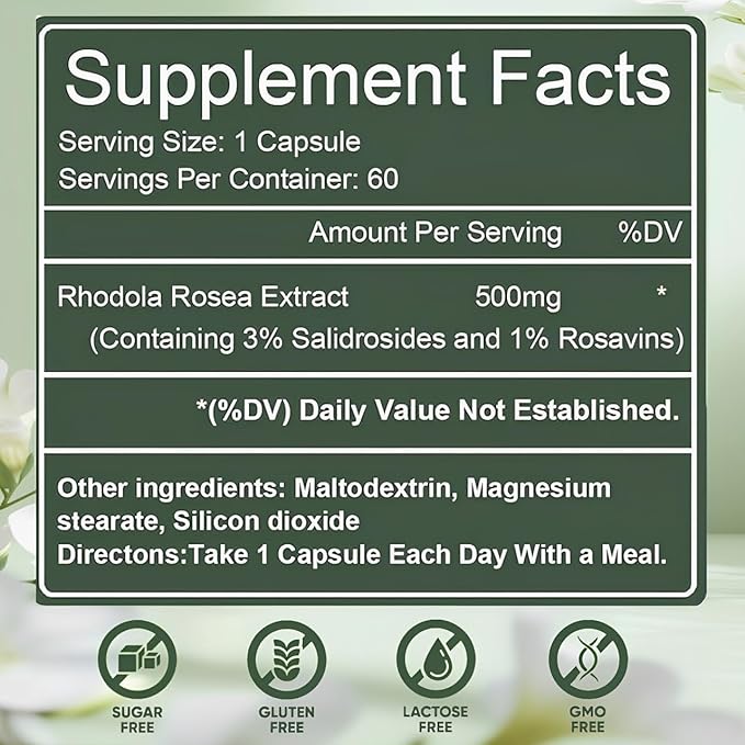 Raipult Rhodiola Rosea Capsules | 500mg Rhodiola Rosea Extract Supplement for Stress Support Mental Focus &amp Energy Immune Function Non-GMO 60 Capsules (1)