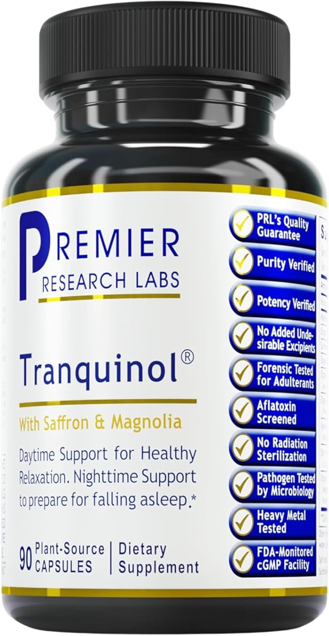 Premier Research Labs Tranquinol - Natural Sleep Aid Supplement for Deep Sleep Support and Calm Mind | Magnesium Turmeric Lemon Balm &amp Saffron Extract - Pure Vegan - 90 Plant-Source Capsules