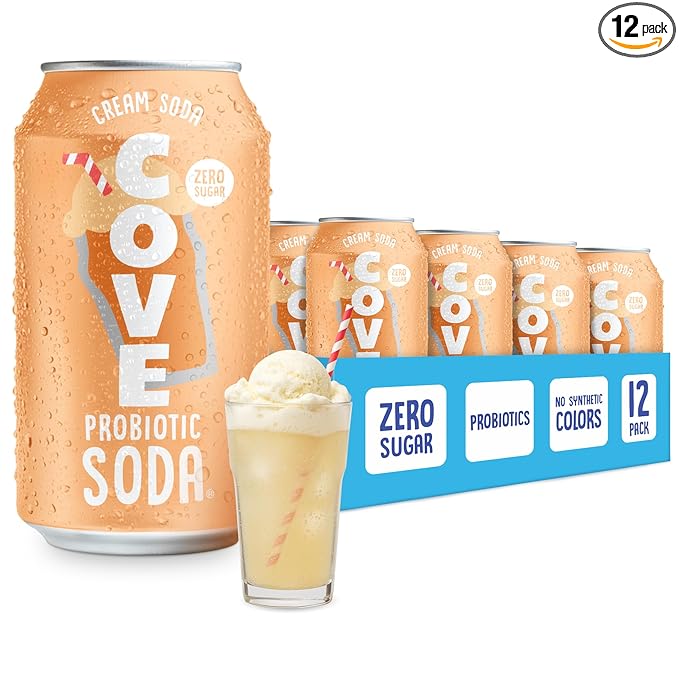 Cove Probiotic Soda Zero Sugar Better-For-You Alternative - Refreshing Delicious Probiotic Drink No Synthetic Colors &amp Caffeine Free - Cream Soda 12 Pack