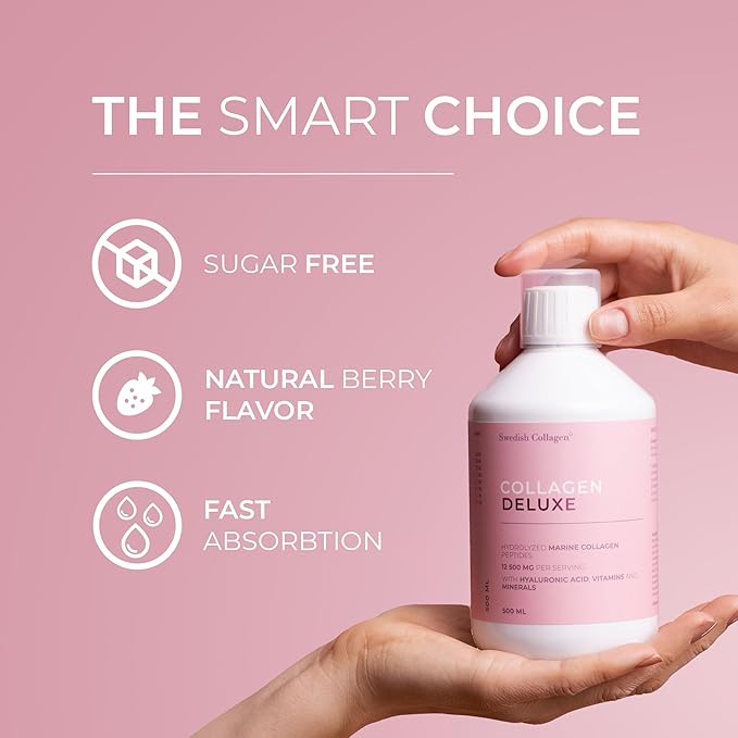 Swedish Collagen Deluxe | 12500 mg Hydrolyzed Marine Collagen Liquid Supplement - 500 ml 20 Day Supply | Hyaluronic Acid Biotin and Vitamin C for Healthy Hair Skin Nails and Joints | Sugar-Free