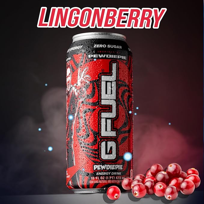G Fuel Energy Drink Lingonberry Sugar Free Beverage with 300mg Caffeine Daily Energy Boost with Focus Amino Vitamin + Antioxidants 16 oz Cans (PewDiePie 12-Pack)