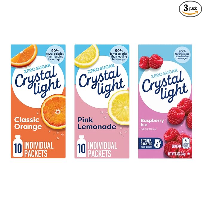 Crystal Light Drink Mix – Classic Orange On-The-Go with Vitamin C (10 CT) Pink Lemonade On-The-Go (10 CT) &amp Raspberry Ice Canister Drink Mix (Makes 12 Quarts) (Variety Pack)