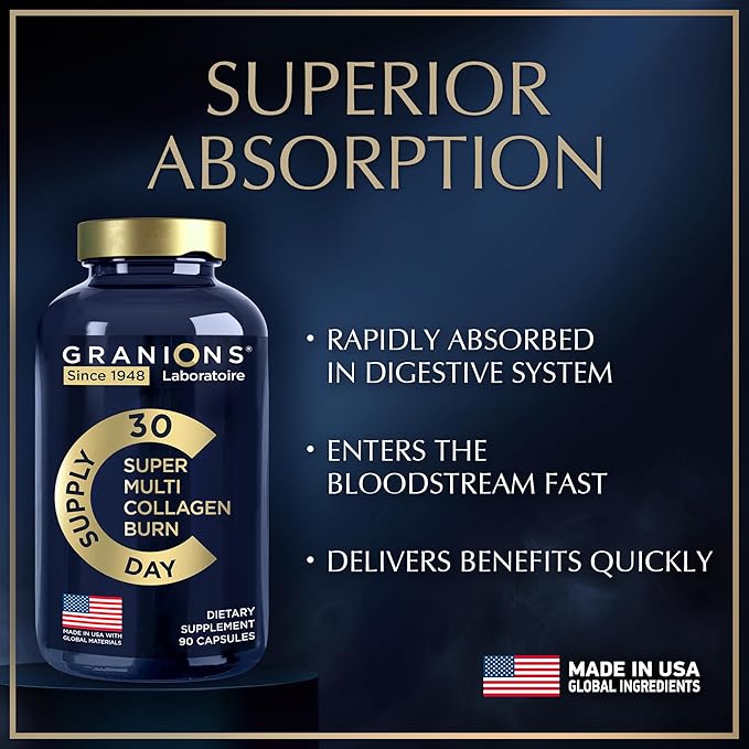 Granions Thermogenic Hydrolyzed Collagen Burn - Hyaluronic Acid Vitamin C - Cellulite Defense and Dermal Repair Multi Collagen Peptides Capsules for Women and Men - 90 Pills