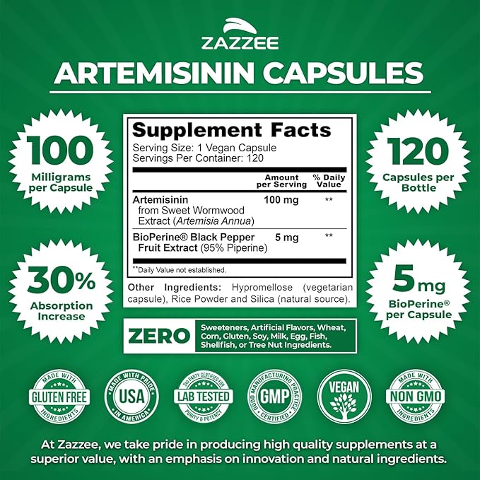 Zazzee High Absorption Artemisinin 100 mg per Capsule 120 Vegan Capsules with 5 mg BioPerine for Maximum Absorption Sweet Wormwood Extract 4 Month Supply All-Natural and Non-GMO (Pack of 2)