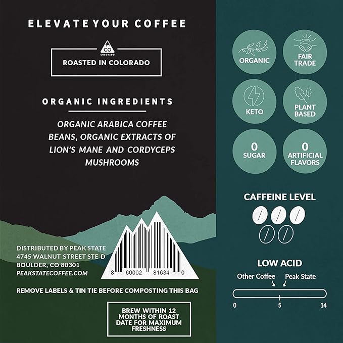 Peak State Brain Sustain Coffee with Benefits Dark Roast – Organic Mushroom Coffee Low Acid and Smooth Sweet Citrus and Lemon Flavor Whole Bean Gluten Free 12 oz