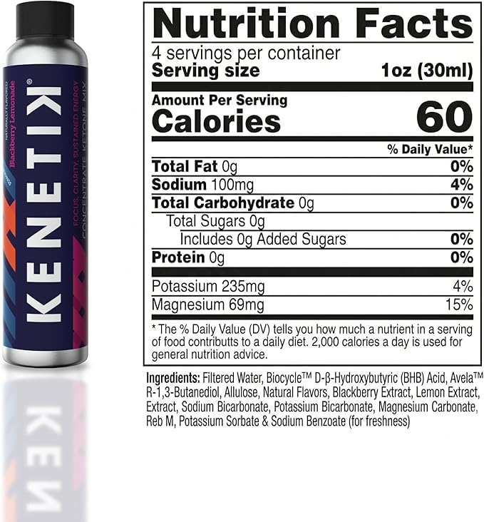 KENETIK Caffeine-Free Focus Concentrate – Brain Fuel for Mental Clarity Cognitive Endurance Sugar-Free Bioidentical Ketones (D-BHB) 4oz (4 Servings) – 3 Pack Blackberry Lemonade