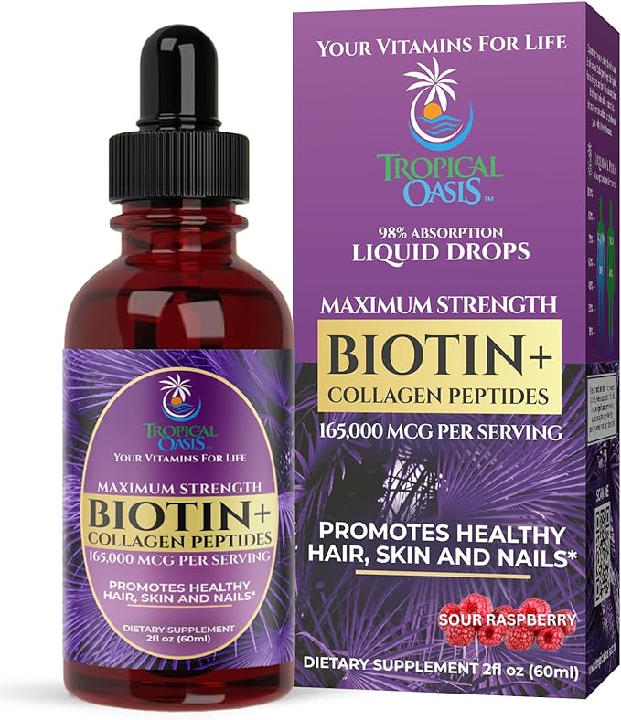 Maximum Strength 165000mcg Liquid Biotin &amp Collagen Drops – Vitamins for Hair Growth for Women &amp Men – Supports Healthy Hair Radiant Skin &amp Strong Nails – 98% Absorption Non-GMO 60 Ser
