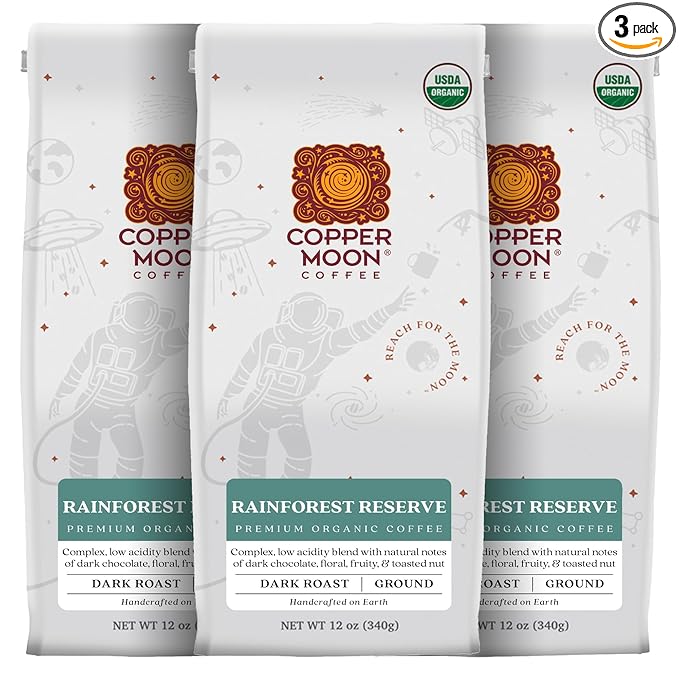 Copper Moon Ground Coffee Organic Rainforest Reserve Dark Roast 3 Bags (12 oz. Each)