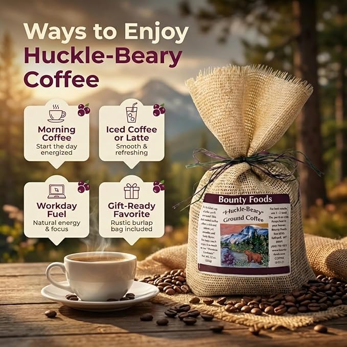 Bounty Foods Huckleberry Ground Coffee - 2/12 oz Rustic Western Style Burlap Bags Montana Grown and Hand Harvested Huckleberries - Coffee Beverages Espresso Latte Cappuccino Mocha