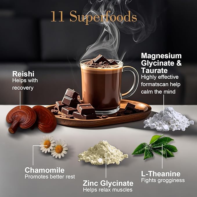 Magnesium Hot Cocoa – Melatonin-Free Natural Sleep Aid Hot Chocolate for Adults with Reishi Mushroom L-Theanine &amp Zinc Glycinate – Relaxation &amp Restful Sleep Support Mushroom Coffee 30 Servi