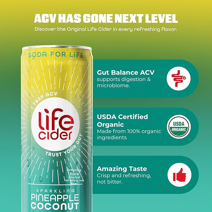 Life Cider Pineapple Coconut Apple Cider Vinegar Soda 12 Pack Organic Sparkling AVC Drink Natural Flavors Promotes Gut Health Vitamins C B12 Zinc D3