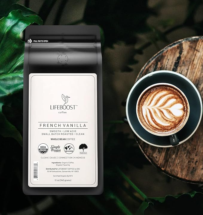 Lifeboost Whole Bean French Vanilla Coffee - Low Acid Single Origin Non-GMO Organic Coffee - Third Party Tested For Mycotoxins &amp Pesticides - 12 Ounces