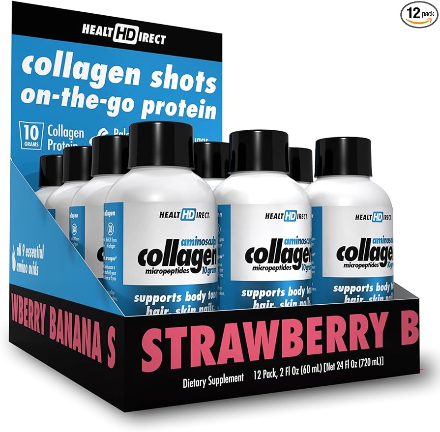 HEALTH DIRECT – Medical-Grade Liquid Collagen Shots – AminoSculpt Sugar-Free – Strawberry Banana – 12 Servings (12pk 2oz Shots) – Good for Joints Bones &amp Sleep – Better Hair Skin &amp Nails