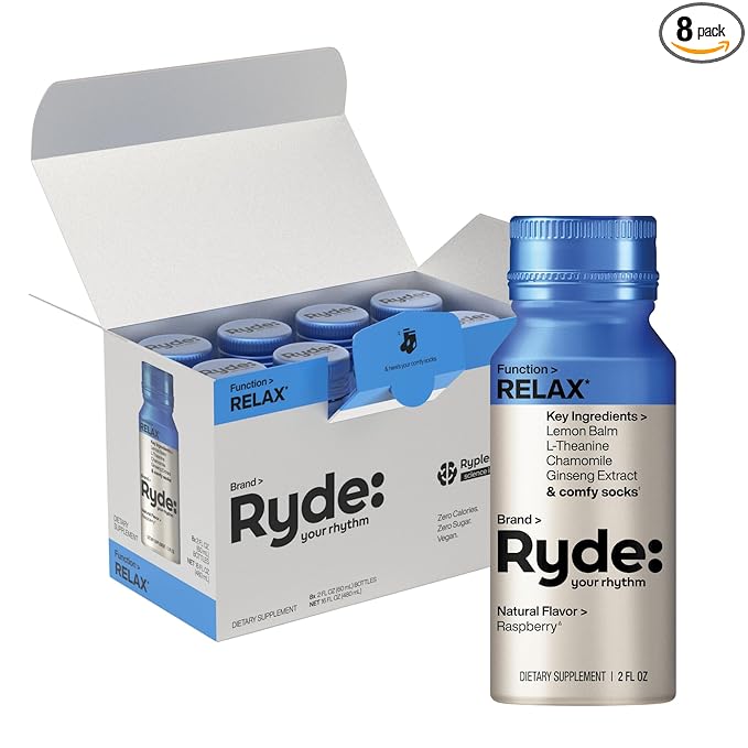 Ryde: Relax Shot | Raspberry Flavor | Lemon Balm L-Theanine Ginseng &amp Chamomile | 0 Calories 0 Sugar | 2 FL OZ Shots | Helps You Relax* (8 Pack)