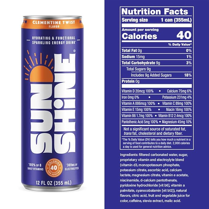 Sunshine Sparkling Energy Drink Clementine Twist with Daily Essential Vitamins 360mg of Electrolytes 70mg of Natural Caffeine 12 Fl Oz (Pack of 12)