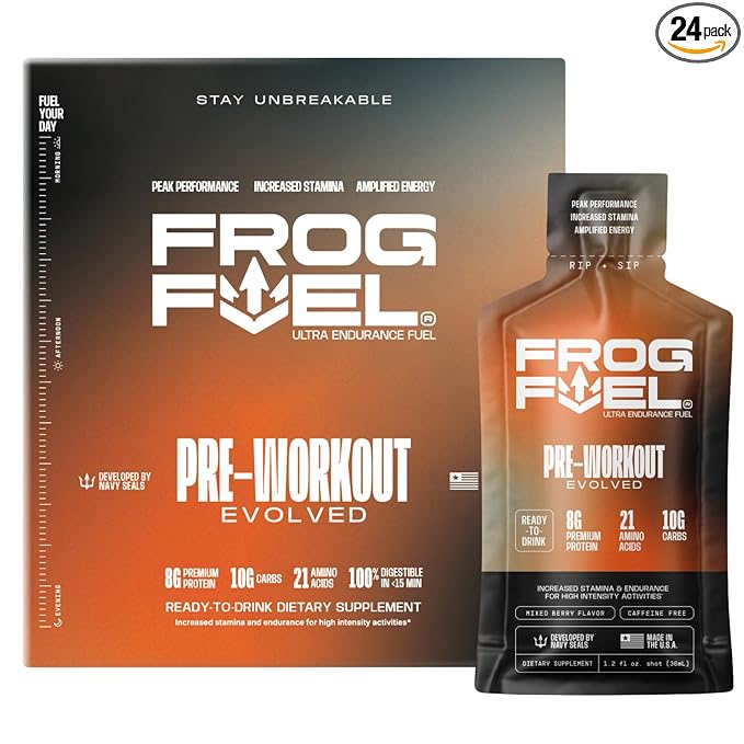 Frog Fuel Ultra Energy Gel &amp Pre Workout Shot with 1500mg Beta Alanine Electrolytes 8g Protein Nano-Hydrolyzed Grass Fed Collagen 10g Carbs Gluten Free Fat Free Berry 1.2 oz Packets 24 Pack