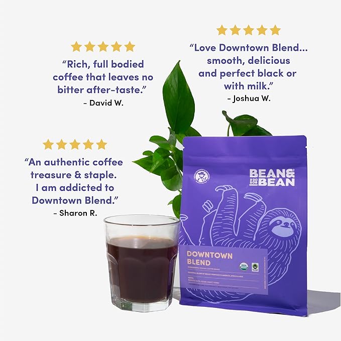 Bean &amp Bean Downtown Medium Roast - Whole Bean Coffee Blend Organic – Creamy Clean and Smooth Fair Trade – Ideal Espresso Coffee - Whole Bean Medium Roast 11oz