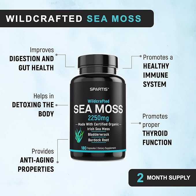 Certified Organic Sea Moss Capsules 2250mg Wildcrafted Irish Sea Moss Burdock Root Bladderwrack Supplement Raw Seamoss Pills &amp Powder (Pack of 1 at 180-Caps)