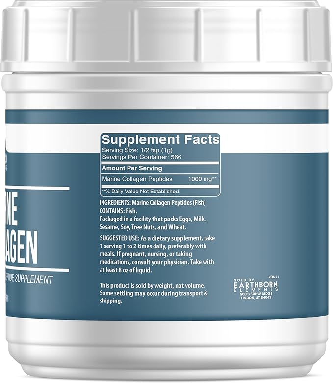 Earthborn Elements Hydrolyzed Marine Collagen Peptides Powder 1.25 lb Pure &amp Undiluted Dietary Supplement (Pack of 2)
