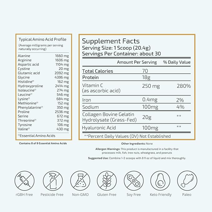 VTC VitaTradingCo. Grass-Fed Collagen Peptides Powder | Type I &amp III | Hyaluronic Acid &amp Vitamin C | Healthy Hair Skin &amp Joints | Non-GMO Paleo Keto | 30 Servings (Unflavored)