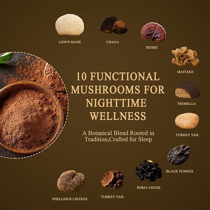 Mushroom Hot Cocoa with Magnesium Glycinate &amp L-Theanine GABA | 10-Mushroom Blend with Lion’s Mane &amp Reishi | Supports Calm Focus &amp Relaxation | Cacao Powder No Melatonin | Keto &amp Ve