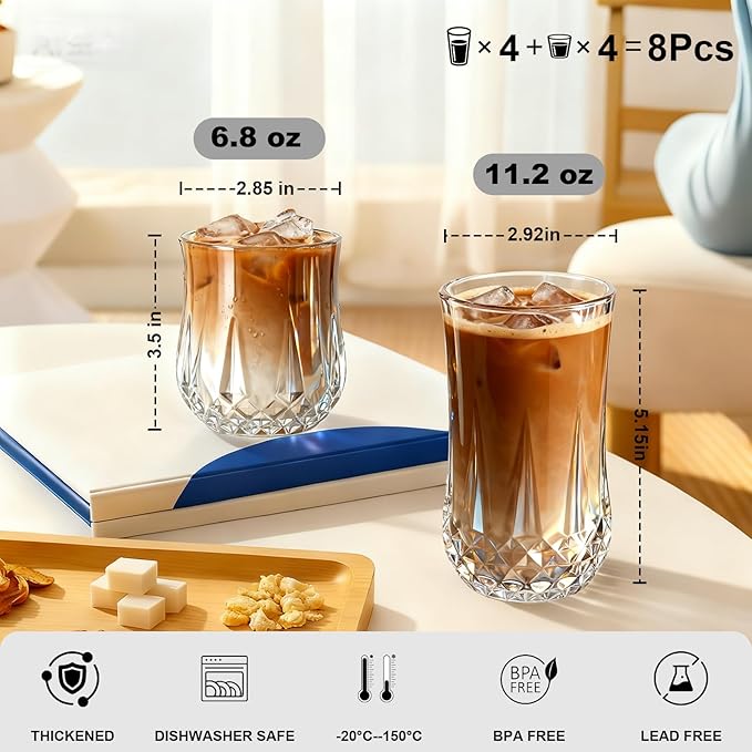 Ruckae Drinking Glasses Set of 811 oz and 7 oz Kitchen Water Glass Cups SetClear Curvature Glassware Dishwasher SafeMixed Drinkware for BeerJuiceCocktailWhiskeyMilk and Various Mixed Drinks