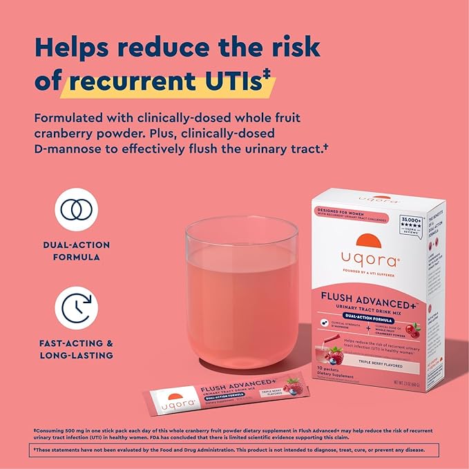 Uqora Flush Advanced+ - Helps Reduce Risk of Recurrent UTI** - with Cranberry D-Mannose Vitamin C Vitamin B6 &amp Potassium - Gluten-Free &amp Vegan - Triple Berry Flavor - 20 Packets (2 Pack)