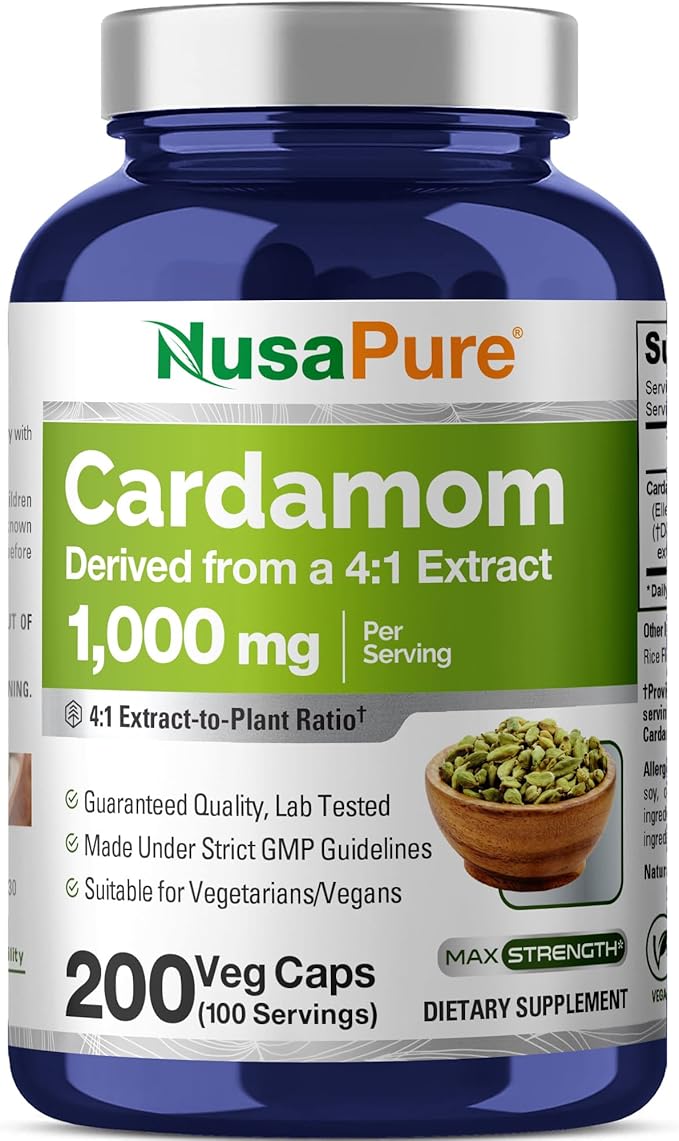 NusaPure Cardamom Capsules 1000 mg 200 Veg Capsules (Non-GMO Vegan)
