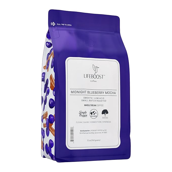 Lifeboost Midnight Blueberry Mocha Whole Bean Coffee - Non-GMO Wild Blueberry Low Acid Single Origin Coffee Beans - Third Party Tested For Mycotoxins &amp Pesticides - 12 Ounces