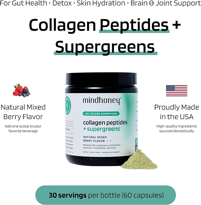 MINDHONEY | Collagen Peptides + Super Greens | Premium All-in-One Superfood Powder | Gut Health Detox Hair &amp Skin Immunity | Collagen Peptides Super Greens Probiotics Adaptogens | 30 Serving
