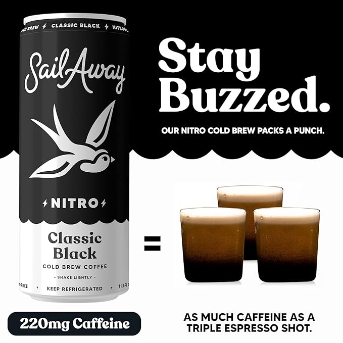 Sail Away Coffee Nitro Cold Brew Coffee Cans - Less Acidic Coffee Beverages | Draft Nitrogen Pour 220mg Caffeine Gluten Free Organic Keto Classic Black 6 Pack
