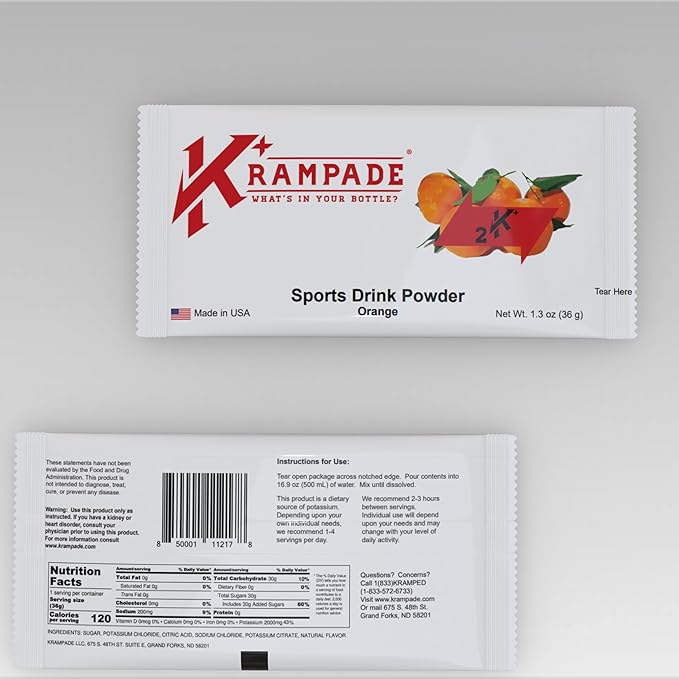 Krampade Original 2K - 2000 mg Potassium Electrolyte Powder Drink Mix | Cramp Relief - Hydration - Increased Performance | Orange - 20 Single Serving Packets