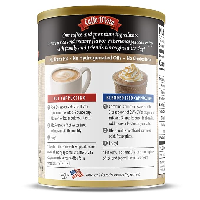 Caffe D'Vita Mocha Cappuccino - Instant Powder Coffee Mix Gluten Free No Cholesterol No Hydrogenated Oils No Trans Fat 99% Caffeine Free - 1 Lb Can
