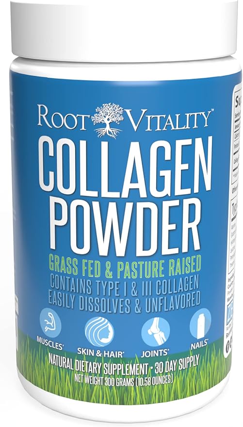Root Vitality Collagen Peptides Powder - Grass-Fed Pasture-Raised Hydrolyzed Protein Supplement for Skin Hair &amp Nails - Non-GMO Zero Sugar Daily Supplement for Men &amp Women (30 Servings)