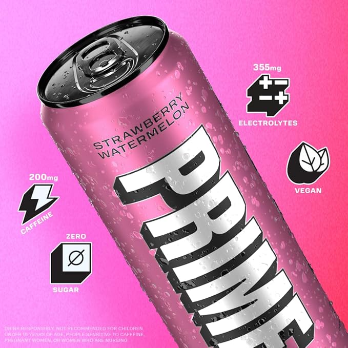 PRIME Energy STRAWBERRY WATERMELON | Zero Sugar Energy Drink | 200mg Caffeine with 355mg of Electrolytes and Coconut Water for Hydration| Vegan | Gluten Free |12 Fluid Ounce | 12 Pack
