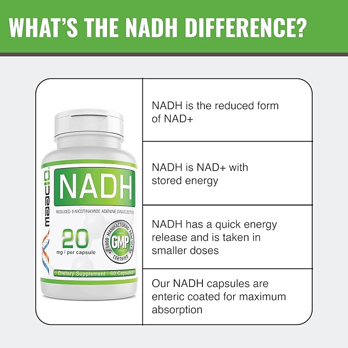 MAAC10 NADH Supplement 20mg Each 60 Capsules for Energy Fatigue Mental Focus &amp NAD+ Longevity Support | Pharmaceutical Grade 99% Pure NADH