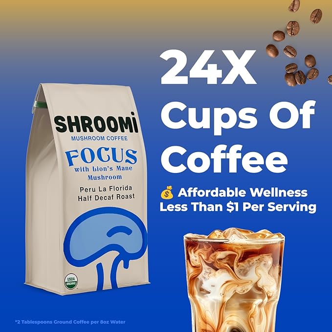 Shroomi Award-Winning Mushroom Focus Coffee - 16000mg Lions Mane Blend | Organic Brain Coffee Ground with Reishi and Chaga | Mental Clarity and Calm Energy | Half Decaf Blend for Calm Evenings and St