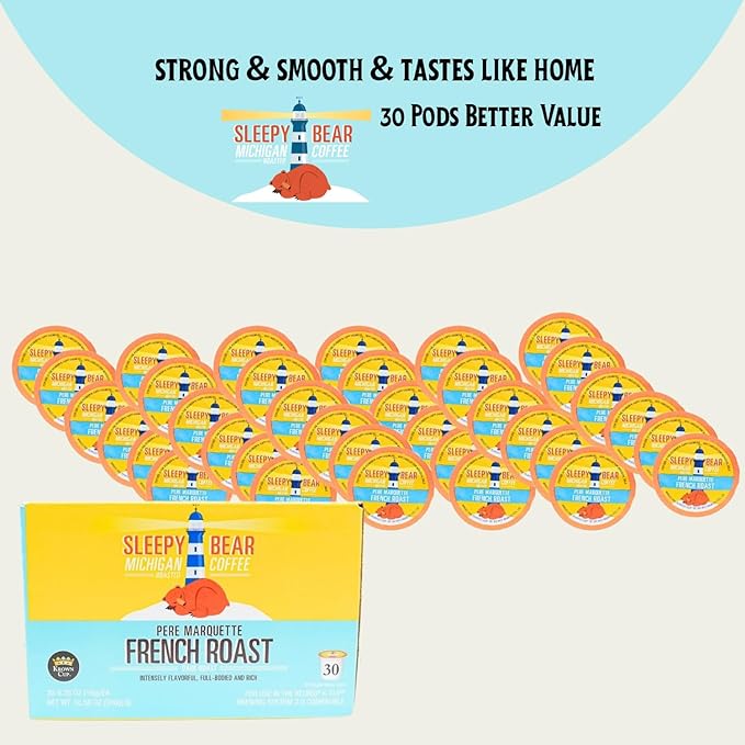 Sleepy Bear Coffee Pods Medium Roast Arabica Rich Flavor Michigan-Made Smooth &amp Sweet No Sugar Added 30ct Pods Compatible with Single-Serve Brewers (Pere Marquette French Roast)