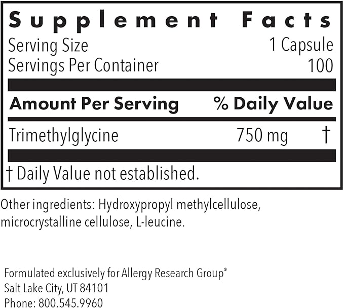 Allergy Research Group ARG TMG Trimethylglycine - Supports Cardiovascular &amp Liver Health - Delivers 750 mg Trimethylglycine per Serving - Vegetarian &amp Hypoallergenic - 100 Servings - 100 Capsu