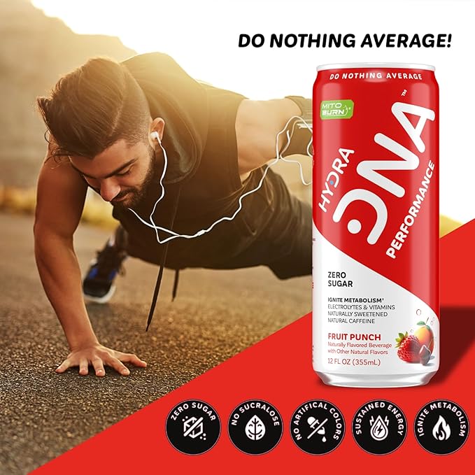 HYDRADNA- Clean Performance Drink Zero Sugar | For Natural Fuel Alertness Boost Stamina120 mg Organic Caffeine Natural Flavors Zero Sucralose Clean Ingredients (12 Pack) (12 Pack Fruit Punch)