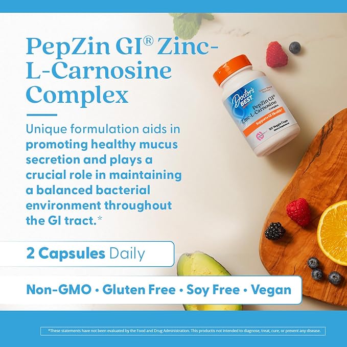 Doctor's Best PepZin GI Zinc-L-Carnosine Complex for Men &amp Women - Zinc Carnosine Supplement Caps for Gut Health Digestive Support &amp Stomach Comfort Vegan Gluten Free - 120 Veg Capsules